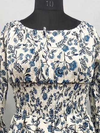 White Floral Print Maxi Gown with waistband made of Cotton fabric